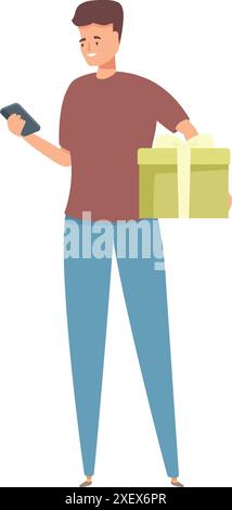 Young man is holding a gift box and using a smartphone, perhaps waiting for someone Stock Vector