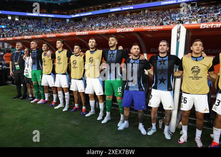 Argentinas players sing the national anthem before the Copa America USA 2024, group A match between Argentina and Peru, at Hard Rock stadium in Miami, on June 29, 2024 MIAMI UNITED STATES Copyright: xALEJANDROxPAGNIx Stock Photo