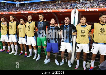 Argentinas players sing the national anthem before the Copa America USA 2024, group A match between Argentina and Peru, at Hard Rock stadium in Miami, on June 29, 2024 MIAMI UNITED STATES Copyright: xALEJANDROxPAGNIx Stock Photo