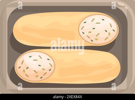 Two delicious baguettes filled with cream cheese and herbs, lying on a tray, offering a tasty and convenient meal or snack option Stock Vector