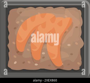 Three sausages cooking in a pan with grease on the stove top Stock Vector