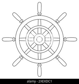 Detailed nautical ship wheel coloring page for kids and adults. Perfect for creative, relaxing activities and nautical enthusiasts. Stock Vector