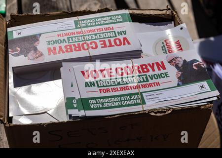 London, UK. 29th June, 2024. Flyers for the General Election campaign of Jeremy Corbyn, Independent candidate for Islington North, are pictured in Archway. Jeremy Corbyn, former leader of the Labour Party, was the Member of Parliament for Islington North from 9th June 1983 to 30th May 2024. Credit: Mark Kerrison/Alamy Live News Stock Photo