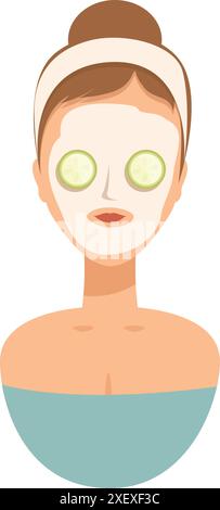 Young woman enjoying a facial treatment with a cucumber mask, embracing a moment of self care and rejuvenation Stock Vector