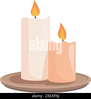 Two lit candles are burning on a wooden plate, creating a romantic and peaceful atmosphere Stock Vector