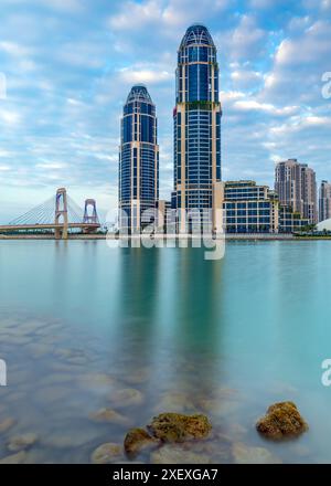 UDC twin tower Pearl Qatar view with gewan bridge Stock Photo