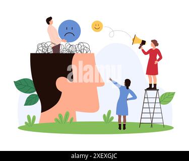 Mood change from negative to positive, emotional swing, mental health. Tiny people work with chaos of thoughts and sad emoji inside open human head, offer happy feeling cartoon vector illustration Stock Vector