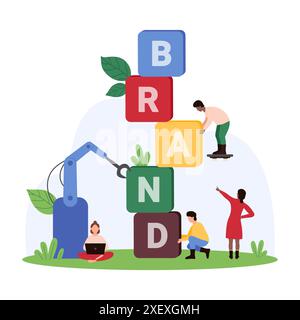 Brand creation and development, branding process by professional marketing team. Tiny people build Brand word from cubes with letter, characters create advertising strategy cartoon vector illustration Stock Vector