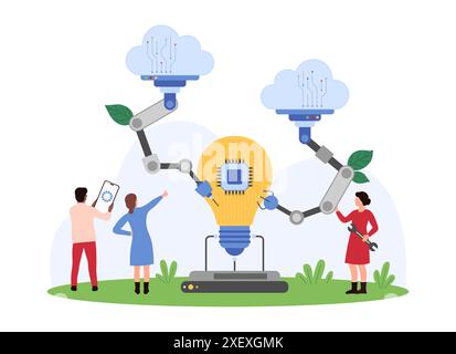 Creative project development with future innovation. Teamwork of tiny people and robotic arms with connection to cloud, engineers and robots build light bulb with circuit cartoon vector illustration Stock Vector