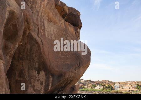 The Famine Stela (ancient egyptian inscriptions written in Egyptian hieroglyphs located on Sehel Island in Aswan, Egypt) Stock Photo