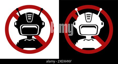 Set of vector monochrome silhouette robots in prohibition sign on white and black background. Restrictions on the use of artificial intelligence. Stock Vector