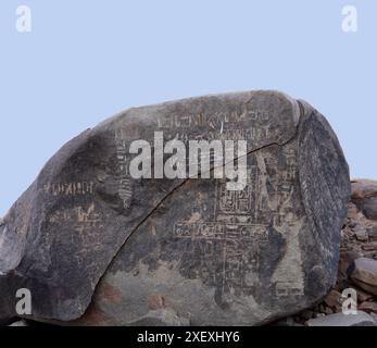 The Famine Stela (ancient egyptian inscriptions written in Egyptian hieroglyphs located on Sehel Island in Aswan, Egypt) Stock Photo