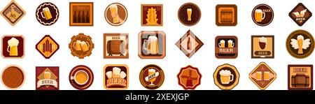 beer coaster icons set. Set of beer coasters with glasses, bottles, mugs, barrels and wheat for brewery, pub or oktoberfest Stock Vector