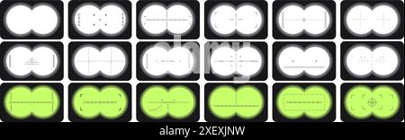 binoculars viewfinder icons set. Set of various crosshairs, showing different types of reticles for aiming and targeting Stock Vector