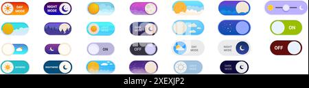 Night day mode icons set. Collection of on off switcher buttons showing dark mode and light mode for website and mobile app Stock Vector