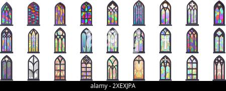 church glass icons set. Collection of colorful medieval style stained glass church windows featuring various shapes and colorful patterns Stock Vector