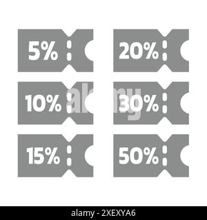 Discount coupon vector icon set. 5, 10, 20 percent off price voucher. Stock Vector