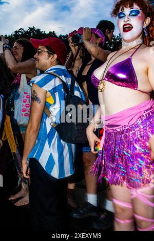 New York, USA. 29th June, 2024. The annual Dyke March was held in New York, NY on June 29th, 2024. Particpants jumped into the Washington Square Park fountain when the march ended. (Photo by Jonathan Fernandes/Sipa USA) Credit: Sipa USA/Alamy Live News Stock Photo