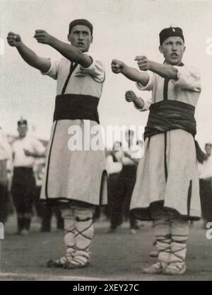 Vintage photo of rural sokol members. Kingdom of Yugoslavia. 1934. Stock Photo