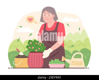 Elderly Woman Planting Flower Plant into Flower Pot for Gardening Concept Illustration Stock Vector