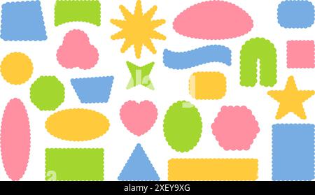 Retro design elements scalloped frames. Scalloped edge rectangle, star, ellipse, circle and square shapes. Vector illustration Stock Vector