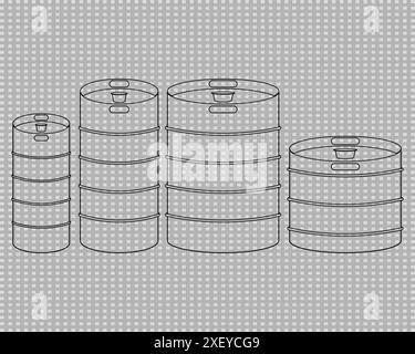 Metal beer kegs vector clipart. Icons set. Black and white outline and transparent illustrations оn transparent background. Various types. Stock Vector