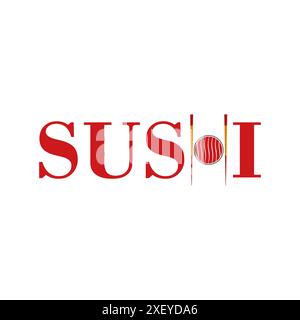 Sushi logo with chopsticks. Vector illustration with red inscription on blank white background. Stock Vector