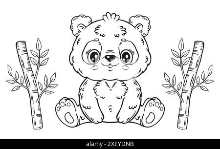 Cute panda Chinese bear sitting, children coloring book page. Funny baby wild  animal cartoon character, bamboo plant branches. Kid outline colouring Stock Vector