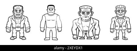 Set of Black outlines of Frankenstein monsters isolated on a white background. Concept of Halloween, horror character, comic style, spooky creature. P Stock Vector