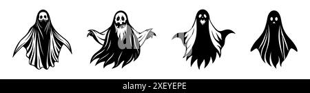 Set of Black silhouettes of ghosts isolated on white background. Concept of spooky spirit, Halloween symbol, minimalist style, eerie apparition. Print Stock Vector