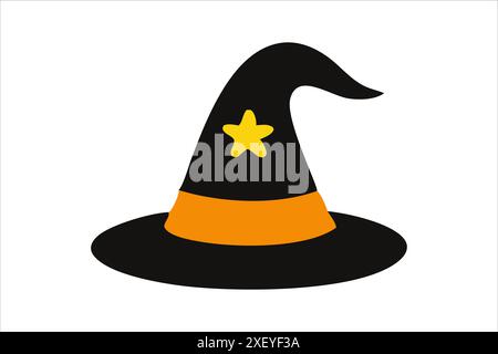 Black witch hat isolated on a white background. Wizard pointed hat. Concept of Halloween, festive icon, minimalist style, magic accessory. Print, icon, design element. Stock Vector