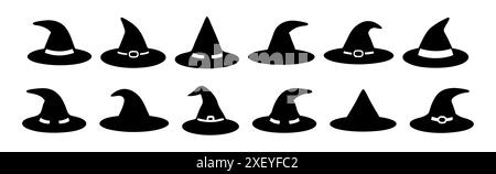 Set of Black silhouettes of witch hats isolated on white background. Wizard pointed hats. Concept of Halloween accessory, magic symbol, minimalist style, festive decor. Print, icon, design elements Stock Vector