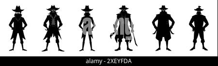 Set of Black silhouettes of cartoon pirates standing isolated on a white background. Concept of pirate, Halloween, seafaring character, adventurous figure, kids illustration. Print, design element, graphic art Stock Vector