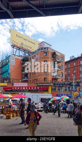 NYC Chinatown: 1 Eldridge Street is a brick mixed-use building, apartments over a two-story commercial podium. Stock Photo