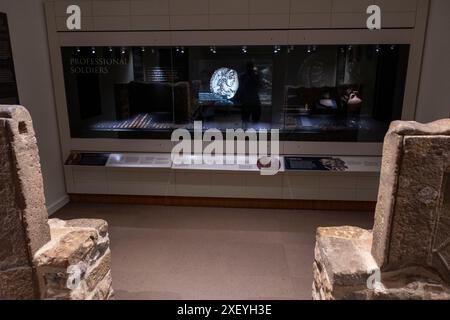 Roman coins in a display cabinet, Vindolanda museum,  Northumberland, England. Stock Photo