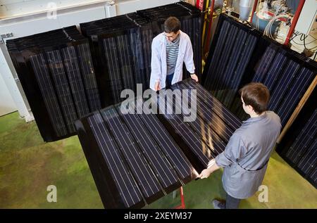 Roof panels with solar cells. Research and development of solar panels. Research in alternative energy. Donostia. San Sebastian . Gipuzkoa. Basque Cou Stock Photo