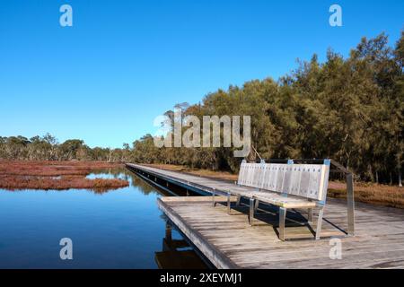 The boardwalk at the Goegrup Lake wetland in Barragup, a lake formed within the Serpentine River on the outskirts of Mandurah, Western Australia. Stock Photo