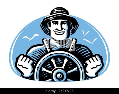 Happy fisherman on fishing boat. Ship captain at helm wheel. Emblem or logo, vector illustration Stock Vector