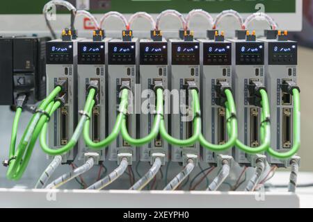 set of advanced industrial automation controllers, emphasizing their crucial role in modern manufacturing and industrial processes. Stock Photo
