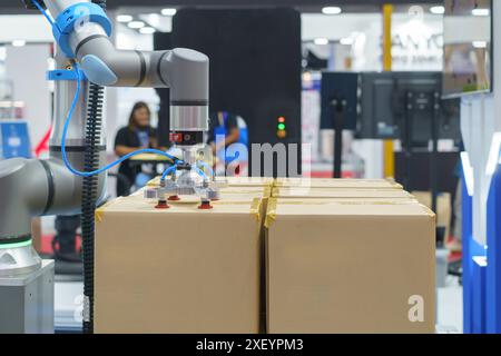 automated robotic packing system designed for industrial use, efficiently handling and packing large boxes Stock Photo