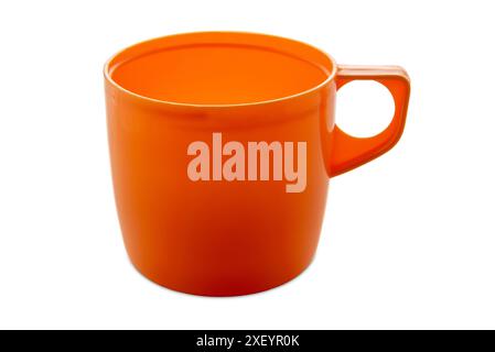 Orange-colored plastic mug isolated on white with clipping path included Stock Photo
