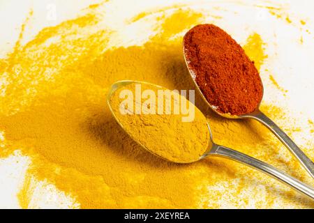 Spices in vintage spoons on white background Stock Photo