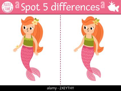 Find differences game for children. Mermaid educational activity with sea princess. Cute puzzle for kids with funny girl with tail. Printable workshee Stock Vector