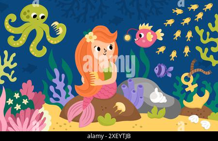 Vector landscape illustration with mermaid sitting on the rock combing hair. Ocean or sea kingdom scene with seaweeds, octopus, marine princess. Cute Stock Vector