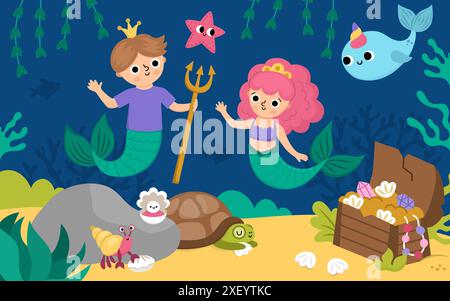 Vector landscape illustration with mermaid and boy with trident, crown. Ocean or sea kingdom scene with marine princess, prince, treasure chest. Cute Stock Vector