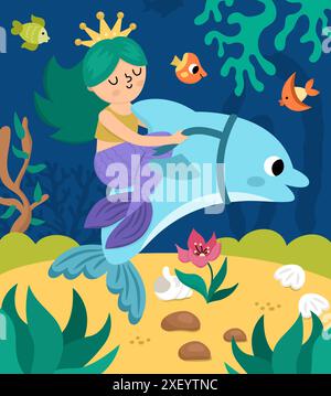 Vector landscape illustration with mermaid with green hair crown riding dolphin. Ocean or sea kingdom scene with seaweeds, jellyfish, marine princess. Stock Vector