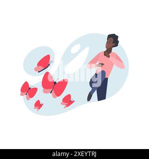 Man looking at flying butterfly with anxiety, male character afraid of insects vector illustration Stock Vector