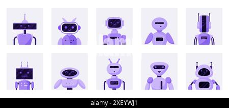 Chatbot avatars set. Purple cute robot assistant heads with antenna and funny face, simple portraits of futuristic customer support service agent and bot of GPT chat cartoon vector illustration Stock Vector