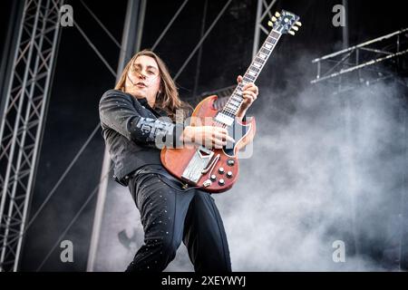 Oslo, Norway. 29th, June 2024. The American rock band Greta Van Fleet performs a live concert during the Norwegian music festival Tons of Rock 2024 in Oslo. Here guitarist Jake Kiszka is seen live on stage. Stock Photo