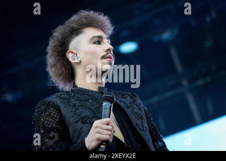 Oslo, Norway. 29th, June 2024. The American rock band Greta Van Fleet performs a live concert during the Norwegian music festival Tons of Rock 2024 in Oslo. Here singer Josh Kiszka is seen live on stage. Stock Photo